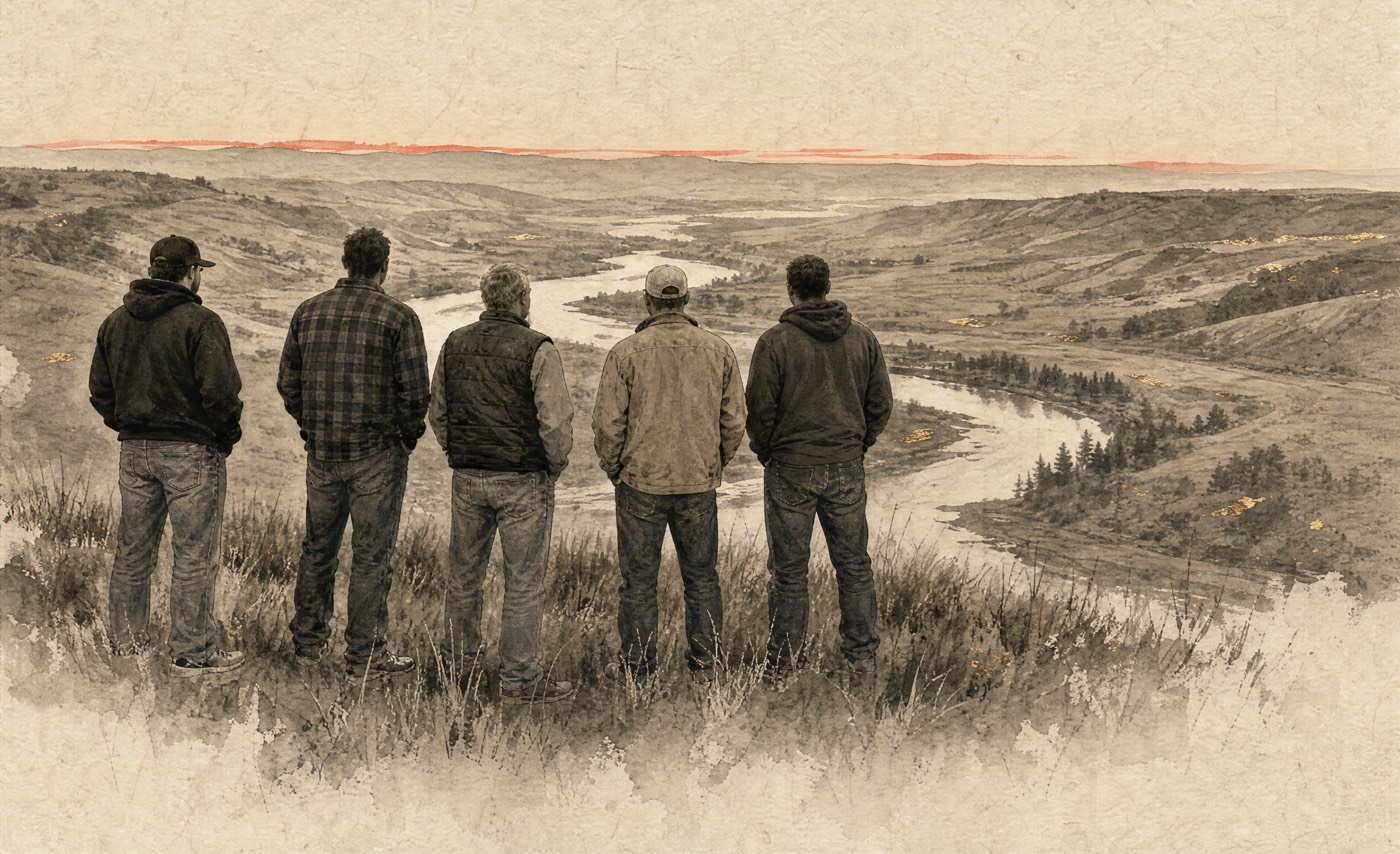 Ink-wash illustration of five men in hoodies, work jackets and ball caps, seen from behind on a grassy rise, looking out over a winding prairie river valley at dusk.